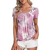 DJT Women's Short Sleeve Summer Tops Scoop Neck Pleated Front Casual Tee T Shirt