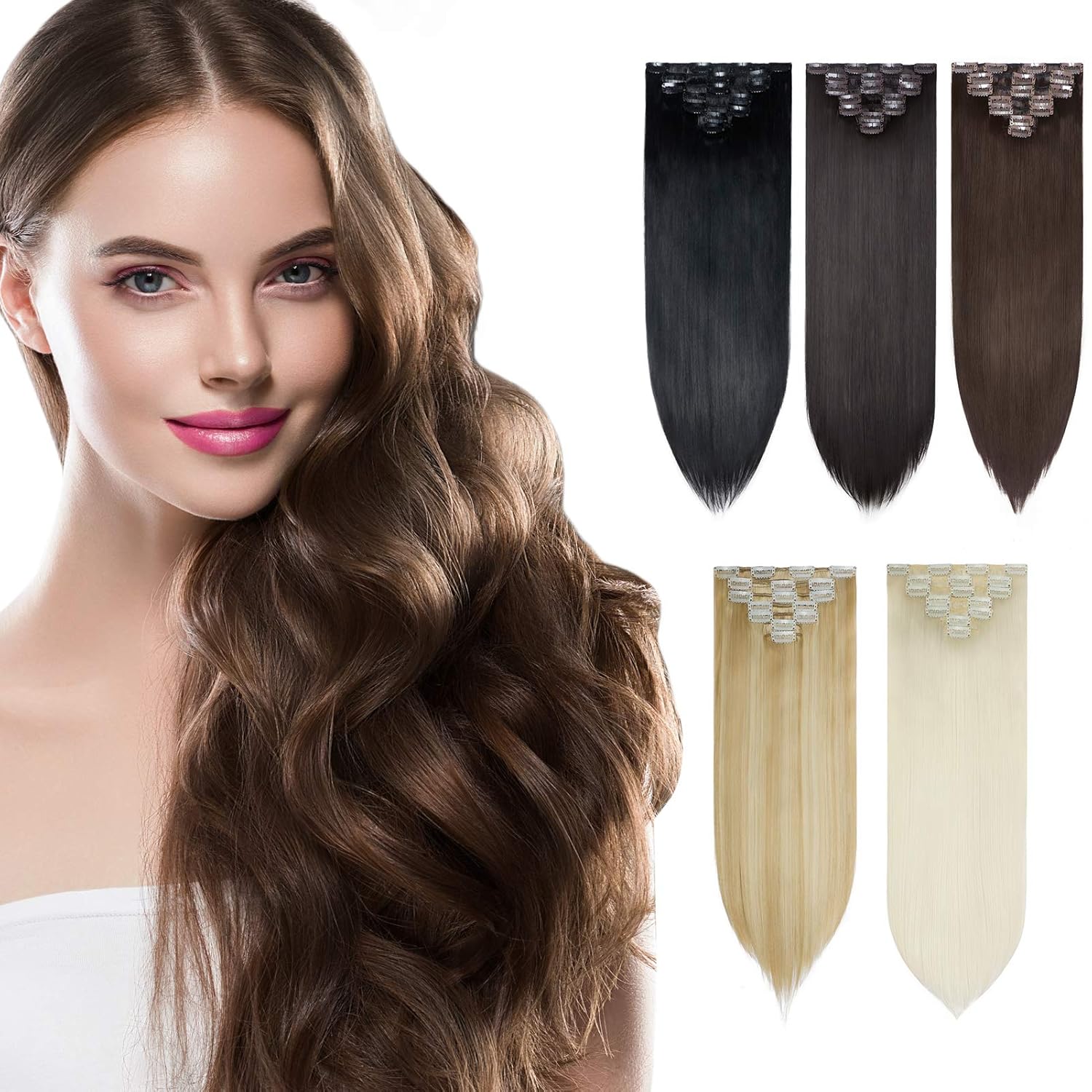 Amazon Com Yamel Clip In Hair Extensions Thick Straight Full Head Soft Synthetic Hairpieces 7pcs Long 20 Inch 150g For Women Dark Brown Beauty