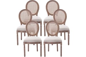 Nrizc Farmhouse Fabric Dining Room Chairs Set of 6, French Chairs with Round Back, Rattan Dining Chair, Oval Side Chair for Dining Room/Kitchen/Restaurant