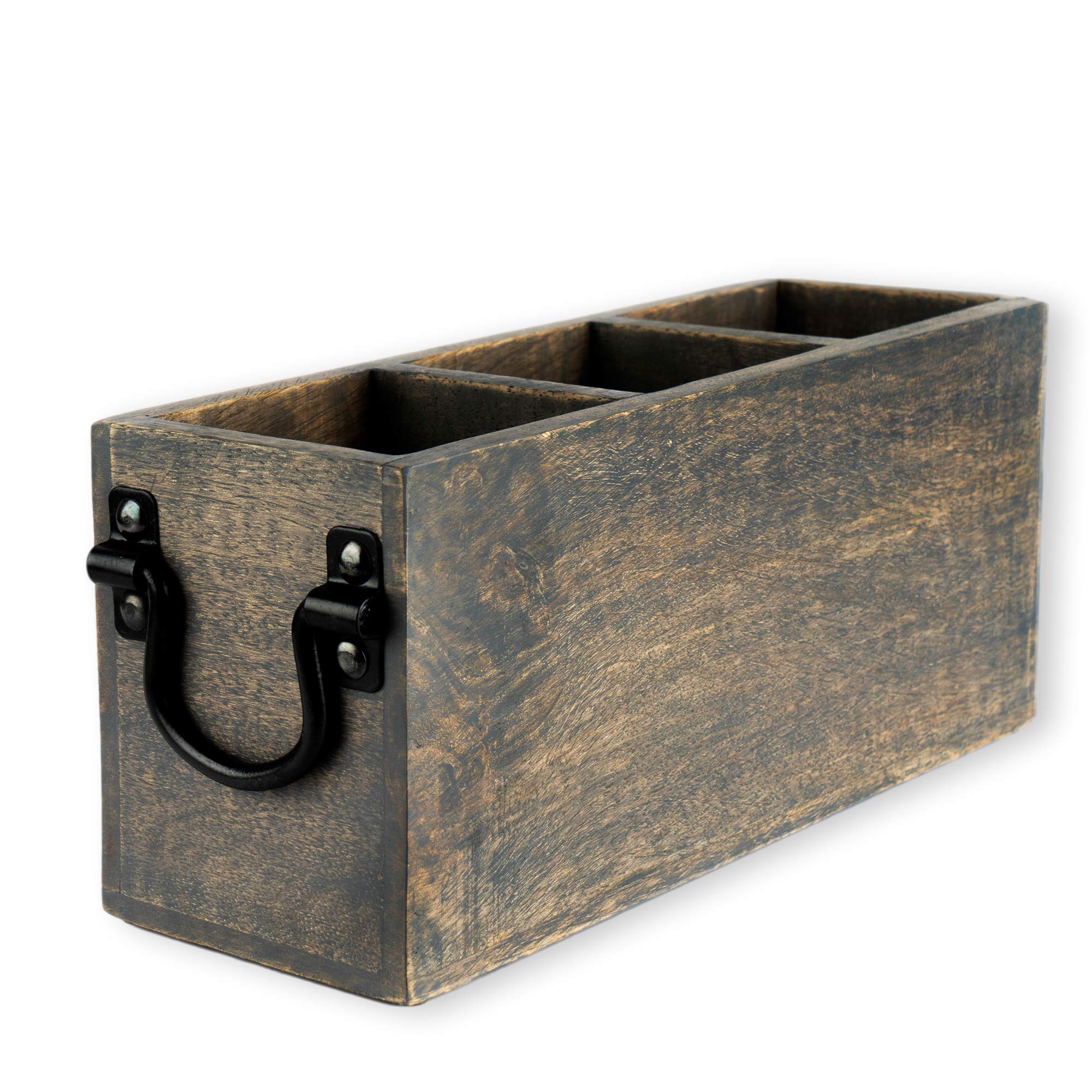 GoCraft 3 Compartment Flatware Caddy, Cutlery Utensil Holder, Organizer Box For Cooking, Silverware, Flatware, Sauce Spoon, Tongs, and More, Grey Washed Mango Wood Caddy with Metal Handles