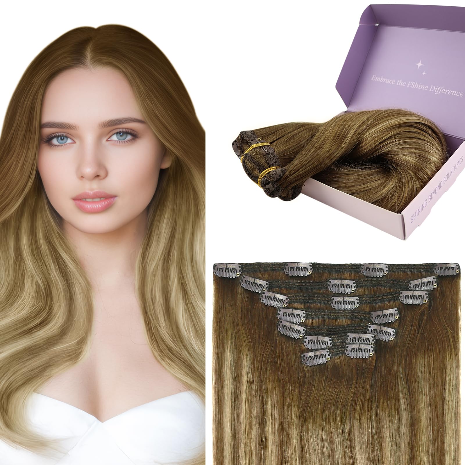 Fshine Clip in Hair Extensions for Women Balayage Medium Brown with Honey Blonde Double Weft Clip in Hair Extensions Human Hair Silky Straight Short Hair Extensions Clip Ins 120g 14 Inch — image 1