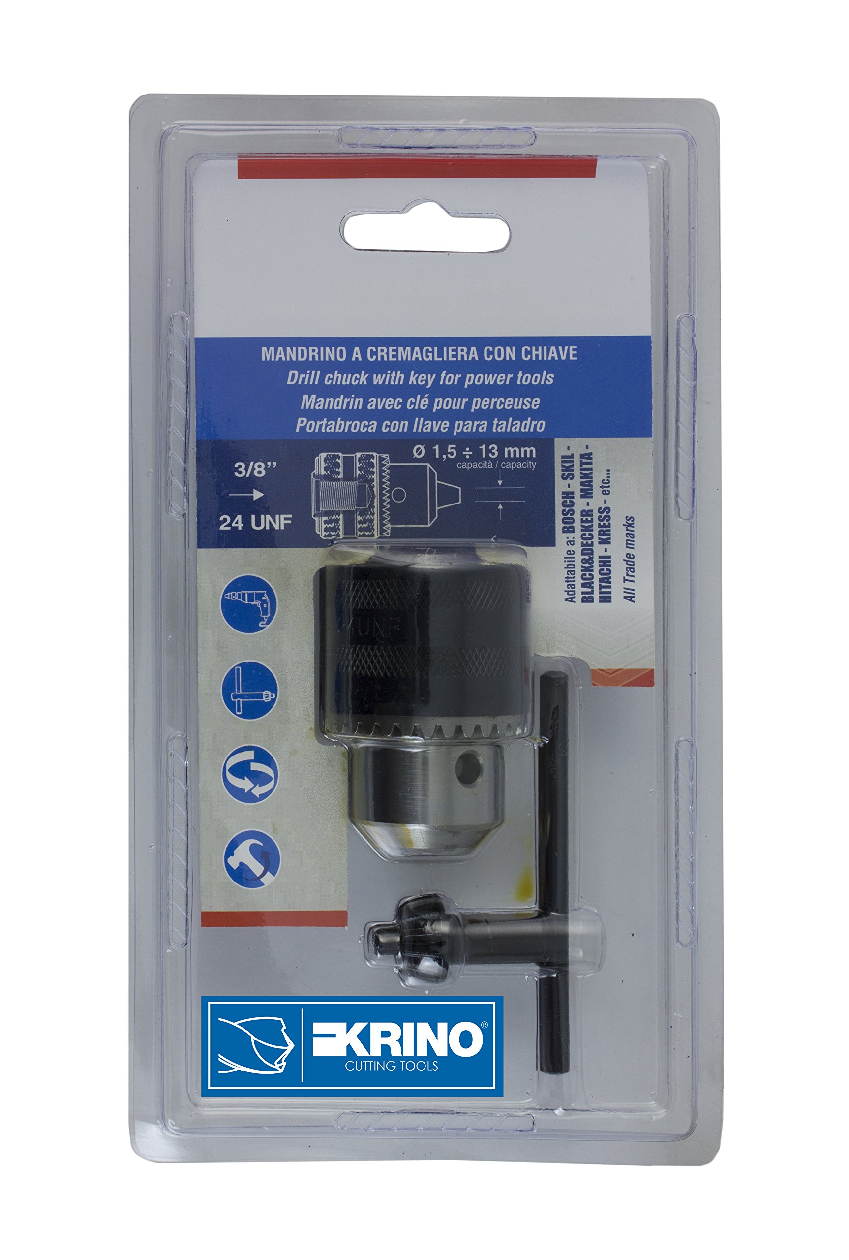 KRINO 2800130 Chuck with Key 3/8 x 24 UNF, Steel, Capacity 1.5 ÷ 13 mm