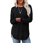 Saloogoe Long Sleeve Shirts for Women 2025 Fall Clothes Tunic Tops Loose Fit Dressy Crewneck Pullover Sweaters Curved Hem