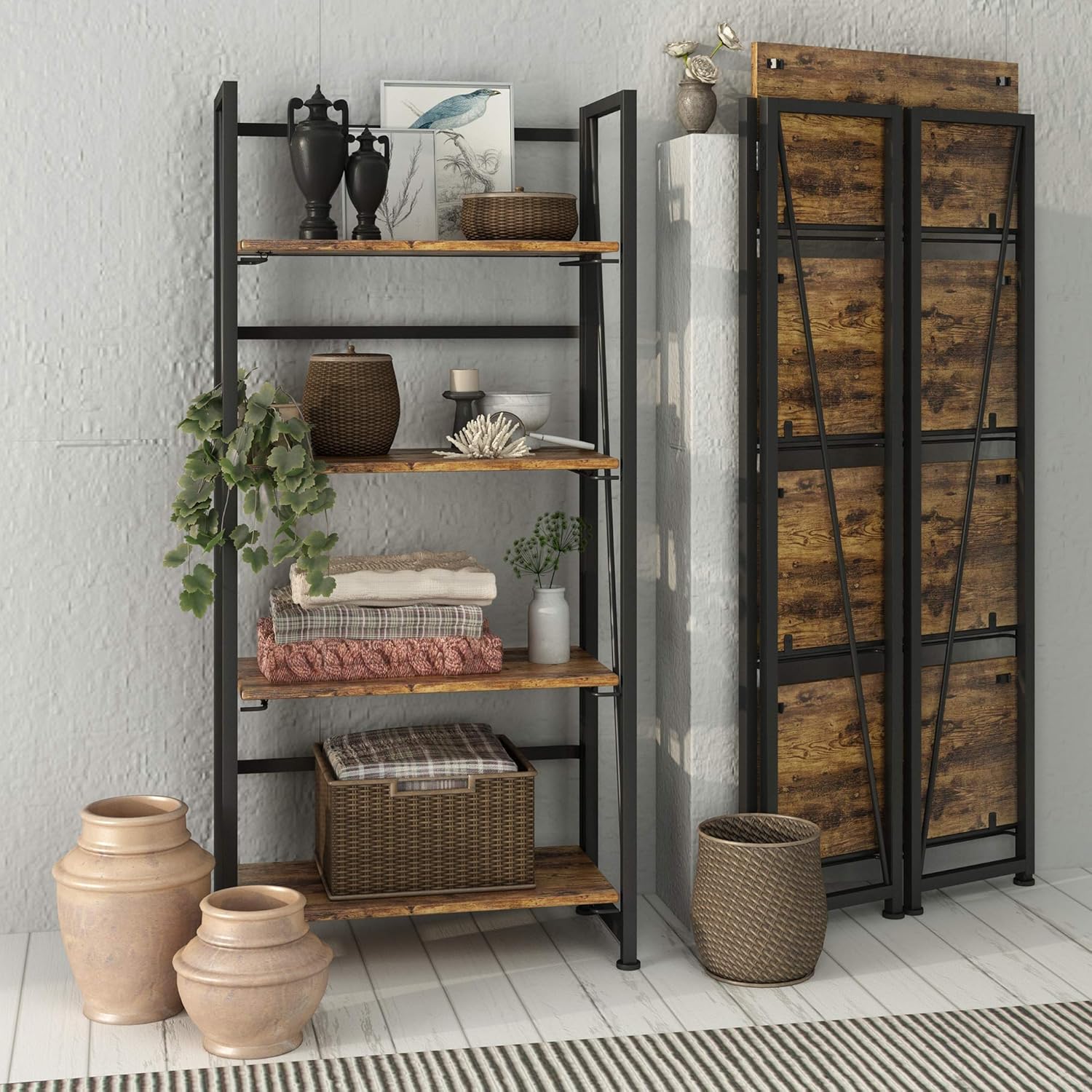 GHQME No-Assembly Folding Bookshelf Storage Shelves 4 Tiers Vintage Multifunctional Plant Flower Stand Storage Rack Shelves Bookcase for Home Office (Fire Board): Kitchen & Dining