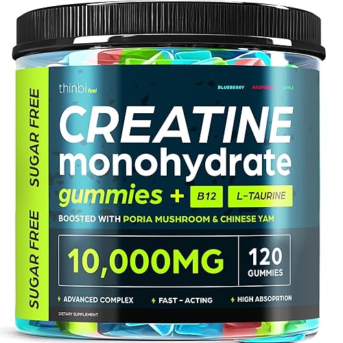 Creatine Gummies Monohydrate Complex 10,000mg for Men & Women -120 Gummies Advanced Formula W/L-Taurine + Vitamin B12 for Muscle Strength, Muscle Builder, Energy Boost, Pre-Workout Supplement -Thinbi
