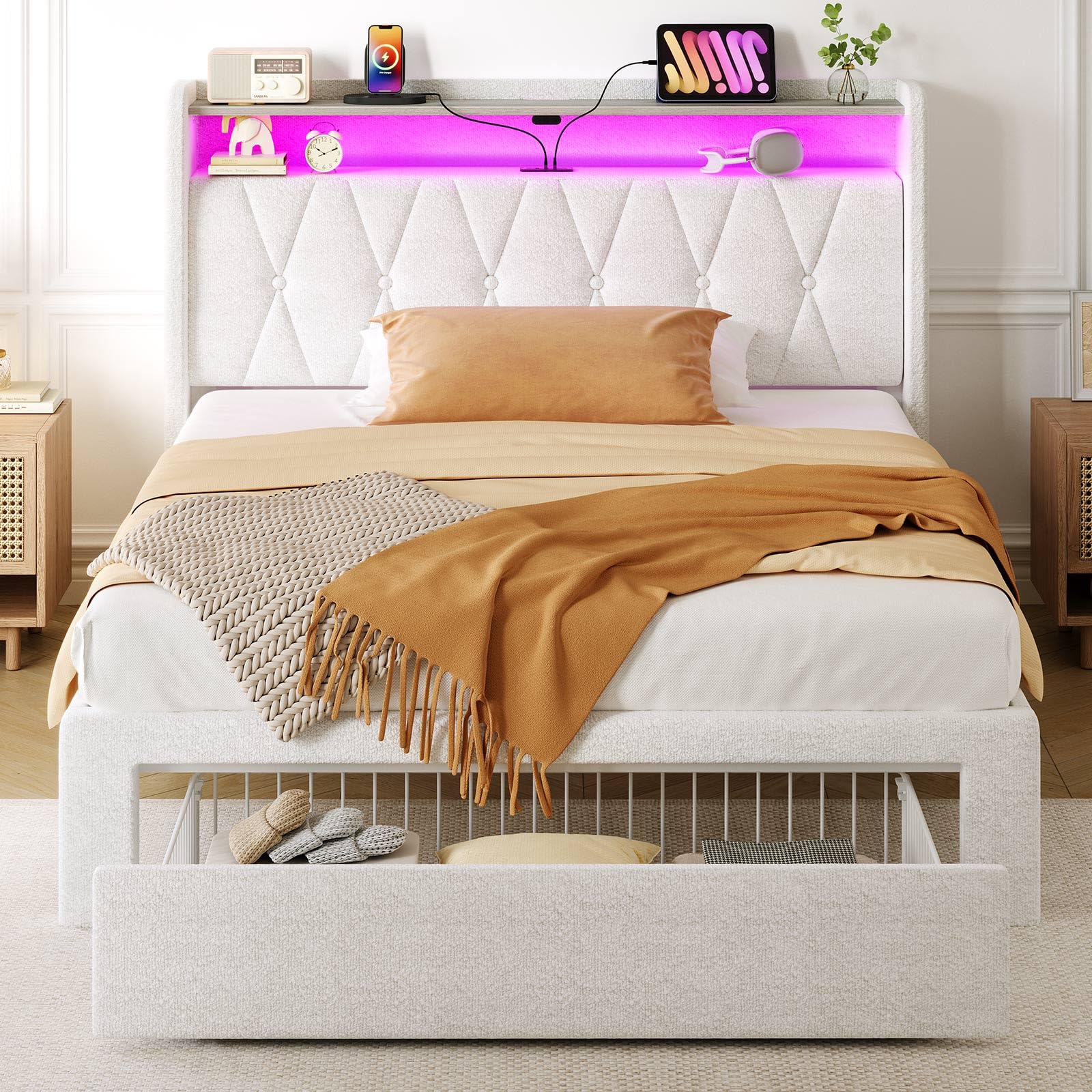 Rolanstar Twin Bed Frame with Drawer, Storage Headboard with Charging Station and LED Lights, Upholstered Bed with Heavy Duty Wood Slats, No Box Spring Needed, Noise Free, Easy Assembly, Beige Image