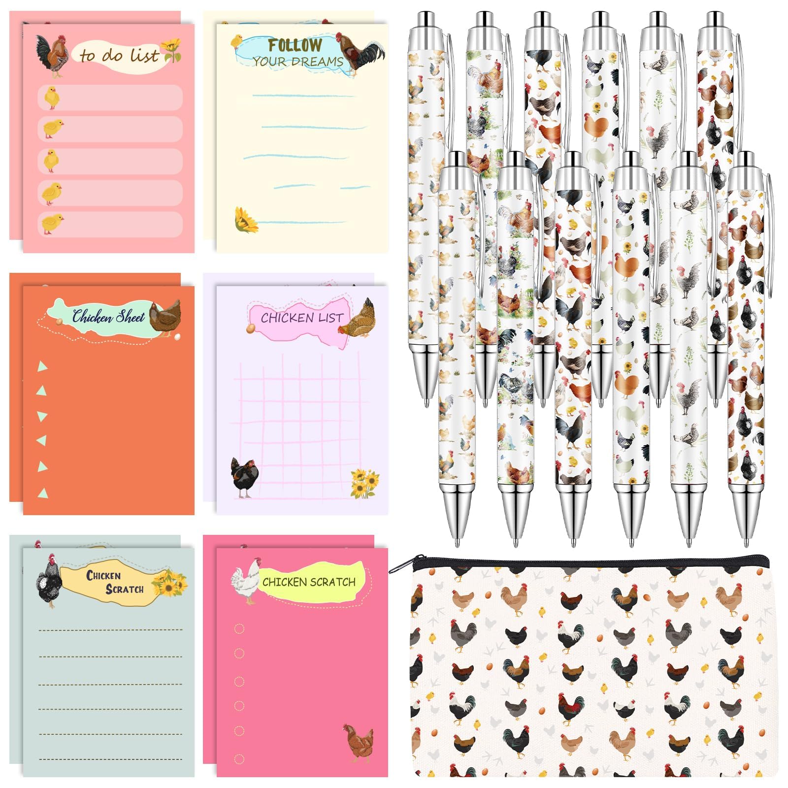 Photo 1 of **Missing pens** 25 Pcs Chicken Gifts Rooster Chicken Stationery Set Include 12 Farm Animal Pens 12 Funny Chickens Sticky Notepad 1 Pencil Case Pouch Chicken Lover Gift Office School Supplies for Women Nurse Teacher