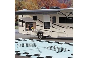 EEZ RV Products 9'x18'cf Heavy Duty Reversible/Durable Outdoor RVing/Boondocking Mats (9ft x18ft Black & White Checker Flag) Come with Large Storage Bag & 6 Sets of Stakes and Washer