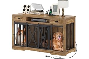 DWVO 63 Inch Double Dog Crate Furniture for 2 Dogs, Heavy Duty Wooden Dog Crate TV Stand with Charging Station, Dog Kennel Indoor Furniture Double Sliding Barn Door Design Ideal for 2 Dogs, Oak