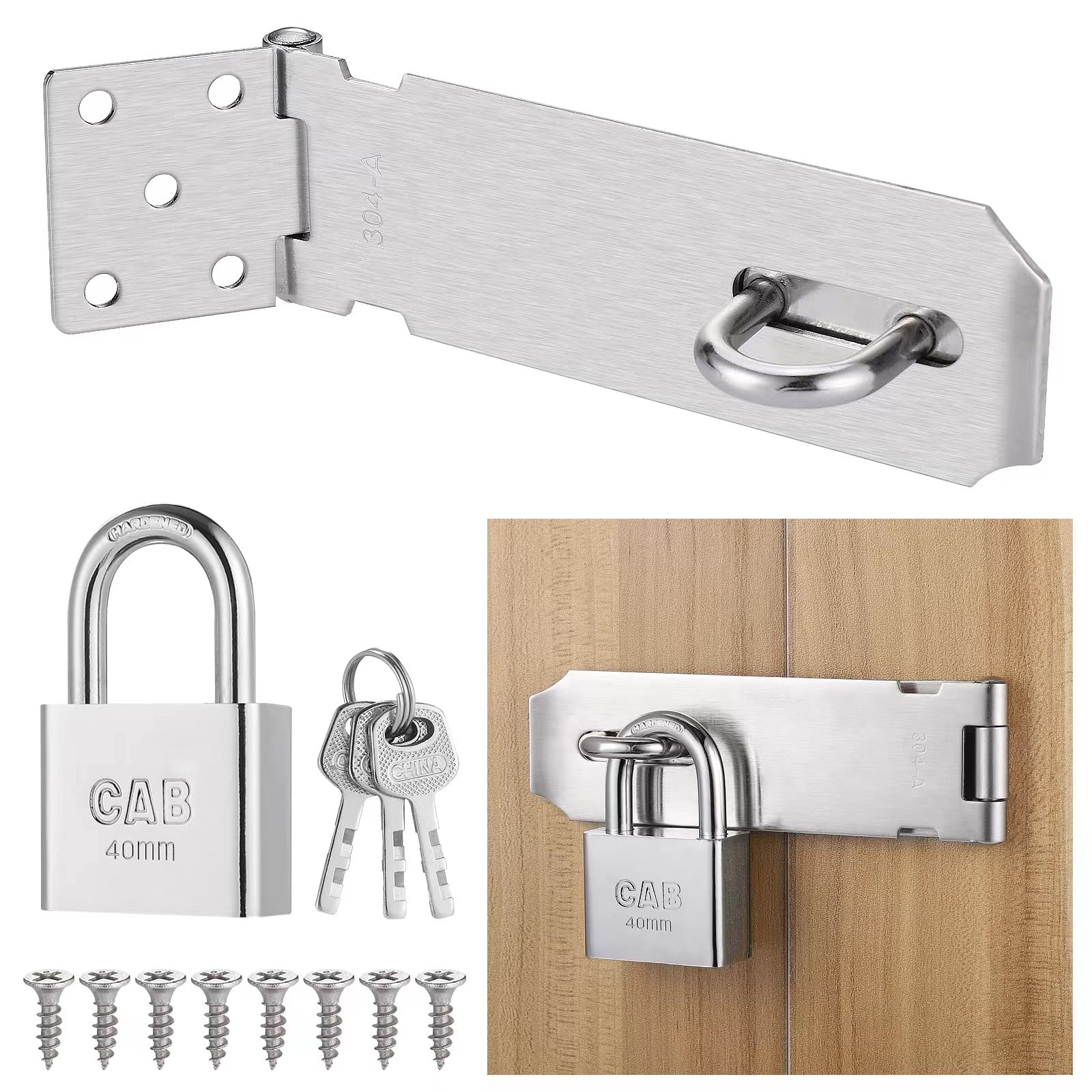Hasp and Staple with Padlock, 5 Inch Heavy Duty Door Lock for Bedroom, Stainless Steel Garden Gate Lock, Door Padlocks with Keys, Anti-Rust Door Latch Lock for Shed, Garden, Bedroom