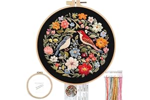 FONNUY Embroidery Kit for Beginners, Birds with Flowers Pre-Stamped Pattern Kits for Adults with Hoop, Easy to Follow Color Thread Needlework, 8'' Hoop (Red)