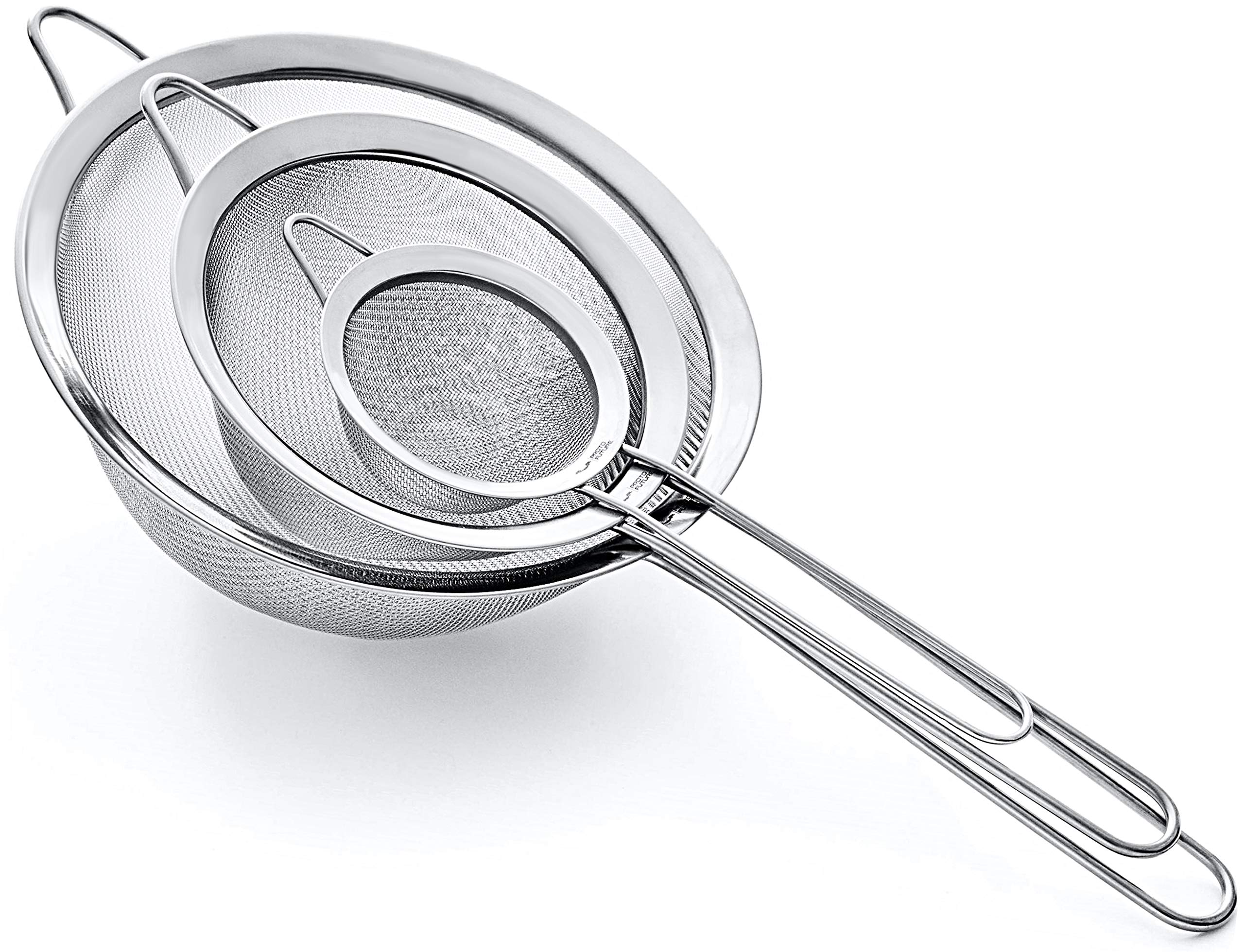 Proto Future Sieve Set Premium Fine Mesh – 304 Stainless Steel (18/8) – 8.5/14/20cm – Sturdy Kitchen Sieves and Strainers (Silver)