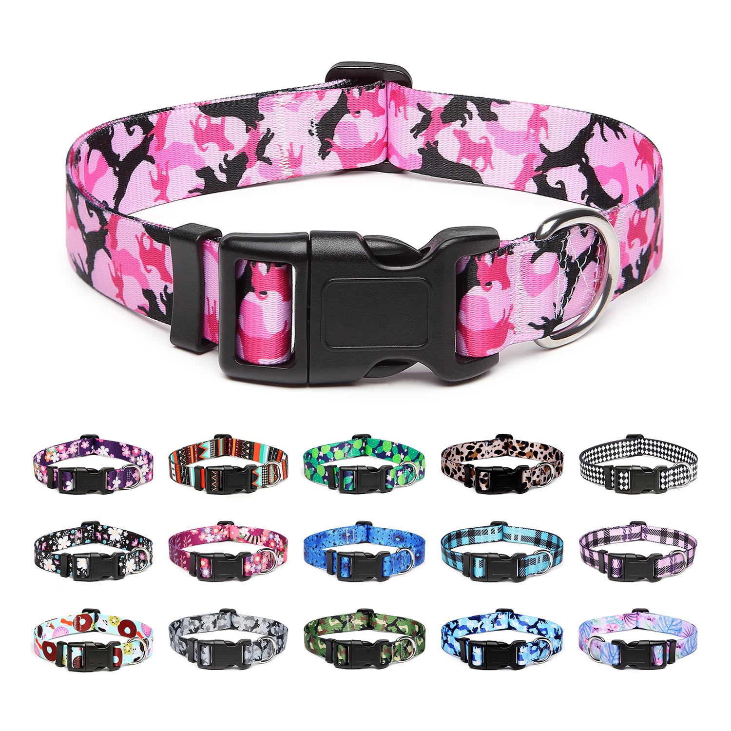 Mercano Adjustable Dog Collar - Special Design Patterns, Soft Nylon Comfortable Durable Pet Collar for Small Medium Large Dogs (S, Dog Camouflage Pink)