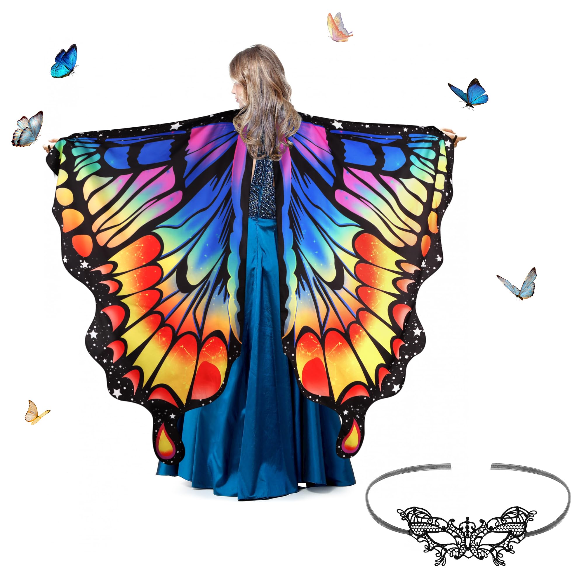 Kaket Butterfly Wings Adult Women with Mask, Womens Butterfly Wings Cape Fancy Dress Up, Butterfly Wings Shawl Adult for Halloween Christmas Party Cosplay Dancing (Style 1- Rainbow)