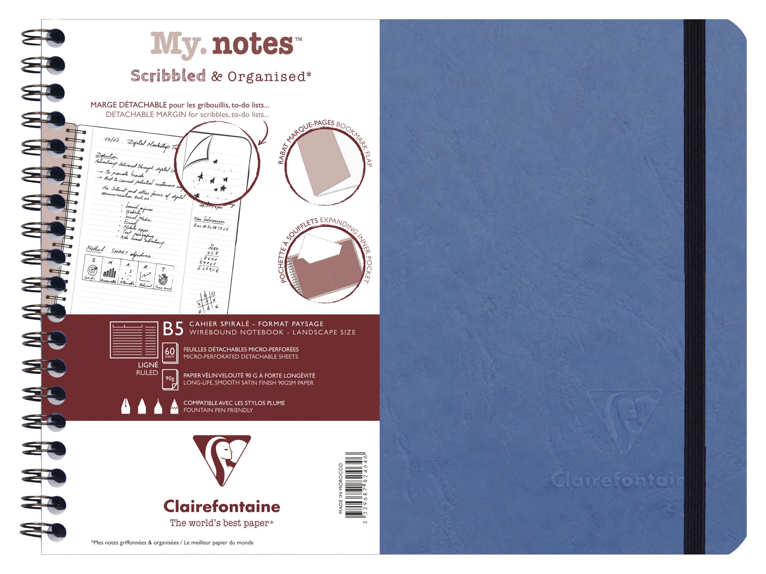 Clairefontaine 782464C Age Bag MyNotes Blue Spiral Notebook w/ Margins - B5 25x19cm - 120 Ruled Detachable Pages - 90g White Paper - Grain Leather Card Cover