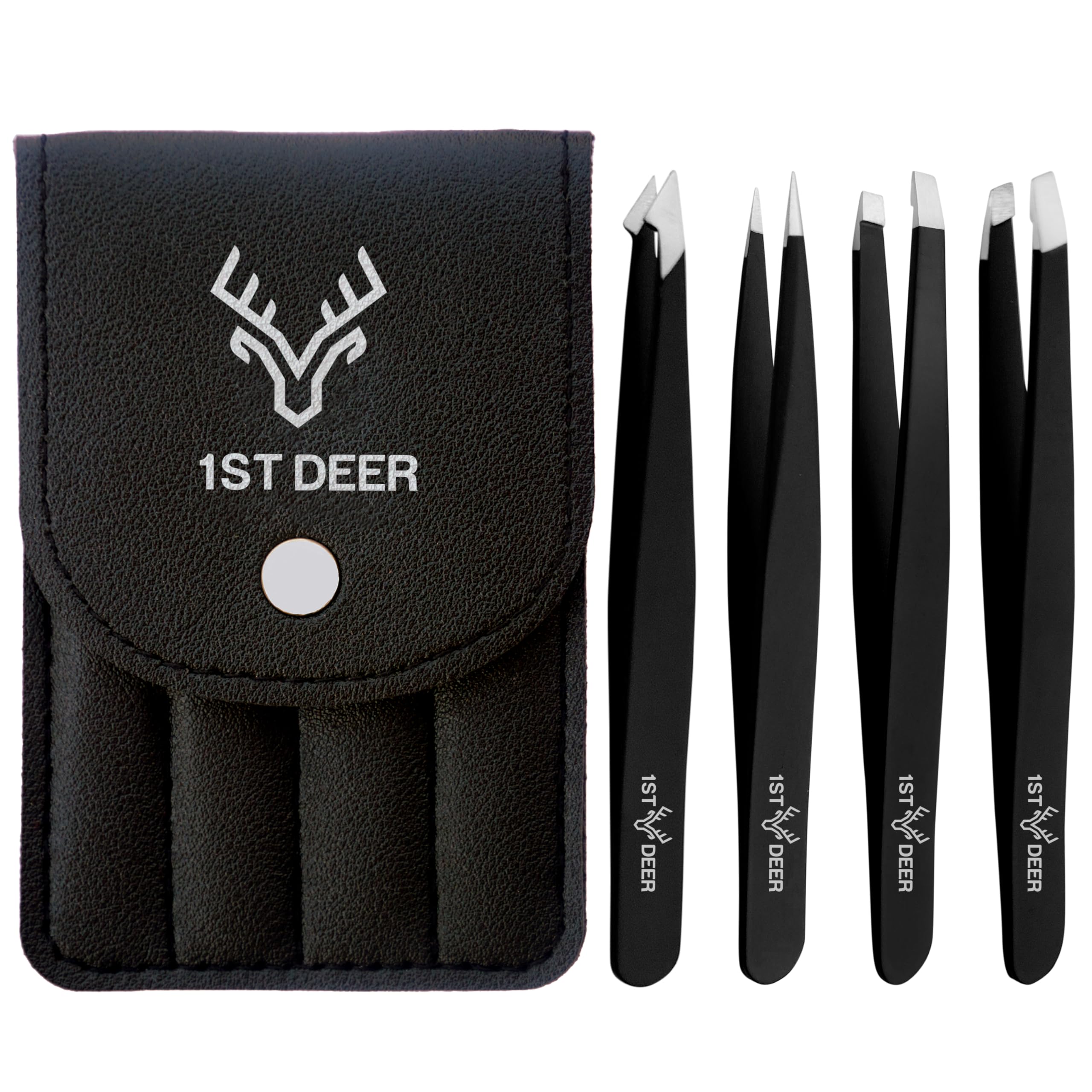 1st Deer Precision Tweezers - Professional Stainless Steel Tweezer Set with Carry Pouch - Ingrown Hair Remover for Women & Men, Black