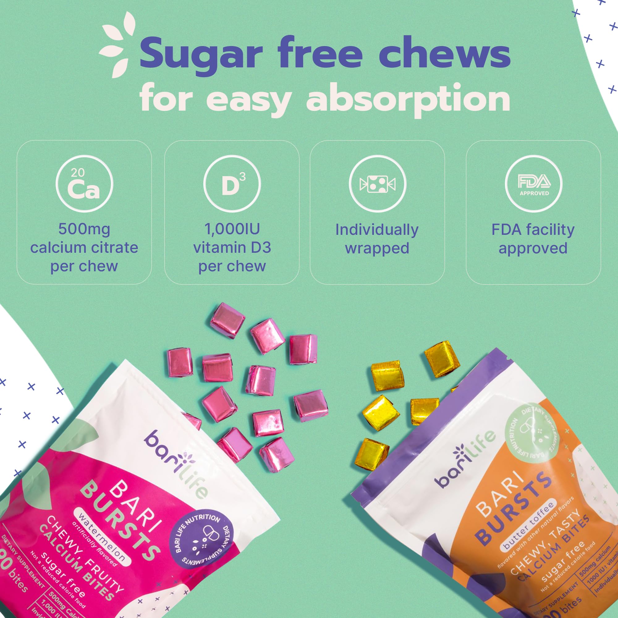 Calcium Citrate Bariatric Calcium Chews with 1000 IU Vitamin D3 - Ideal for Bariatric Patients - BariBurst by Bari Life (Watermelon)