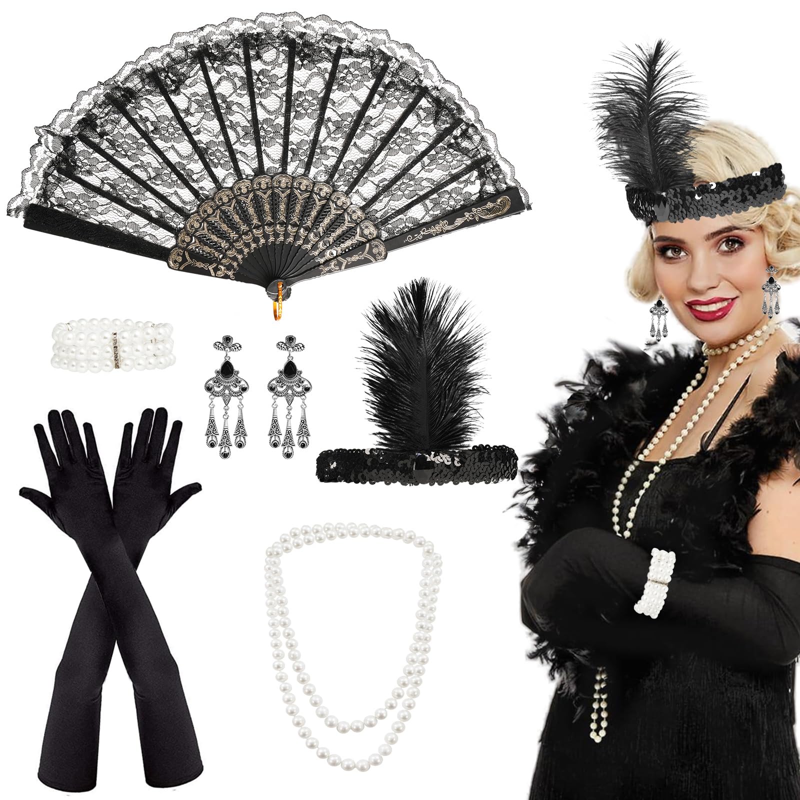 7 Pieces 1920s Accessories For Women, Great Gatsby Accessories, 20s Theme Flapper With Headband Earrings Pearl Necklace Glove, 1920er Damen Women Fancy Dress