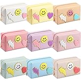 Chunful 9 Pcs Preppy Makeup Bag PU Leather Cosmetic Bag Bulk Makeup Plain Pouch Waterproof Toiletry Purse for Women Traveling Pencil Case Valentine's Day Gifts(Fresh Colors,Smile, Lightning, Heart)
