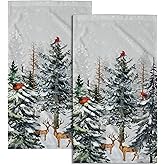 Giwawa Pine Tree Hand Towels Set of 2 Forest Deer Kitchen Bathroom Towels Soft Absorbent Fingertip Tea Bar Dish Towel for Hotel Spa Gym Decor