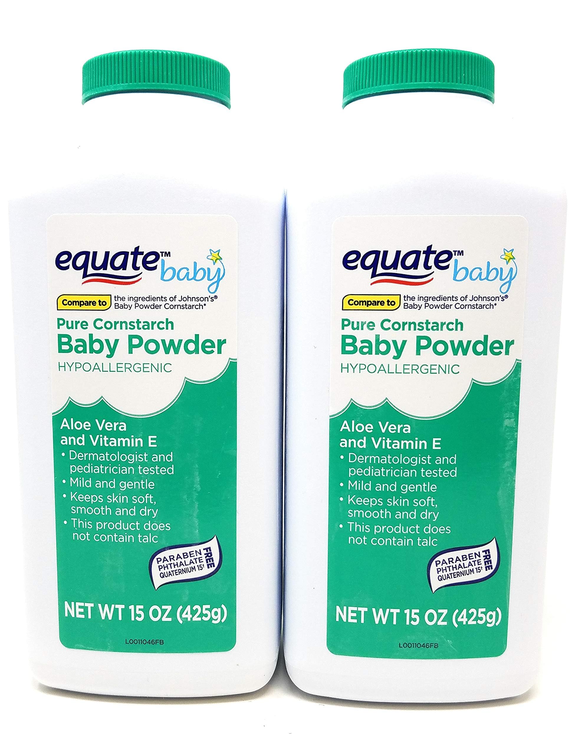 Pure Equate Cornstarch Baby Powder, Hypoallergenic, alloe Vera, Vitamin E, 15 oz Each, Pack of 2.