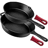 Pre-Seasoned Cast Iron Skillet 2-Piece Set (8-Inch and 10-Inch) Oven Safe Cookware - 2 Heat-Resistant Holders - Indoor and Ou