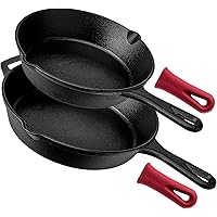 Pre-Seasoned Cast Iron Skillet 2-Piece Set (8-Inch and 10-Inch) Oven Safe Cookware - 2 Heat-Resistant Holders - Indoor…