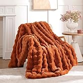 Smoofy Faux Fur Fall Throw Blanket for Couch – Burnt Orange Fluffy Cozy Rabbit Fleece, Plush Soft Bubble Blanket for Sofa & Bed, for Mom, Warm Fuzzy Home Room Decor Throw 50" x 60"