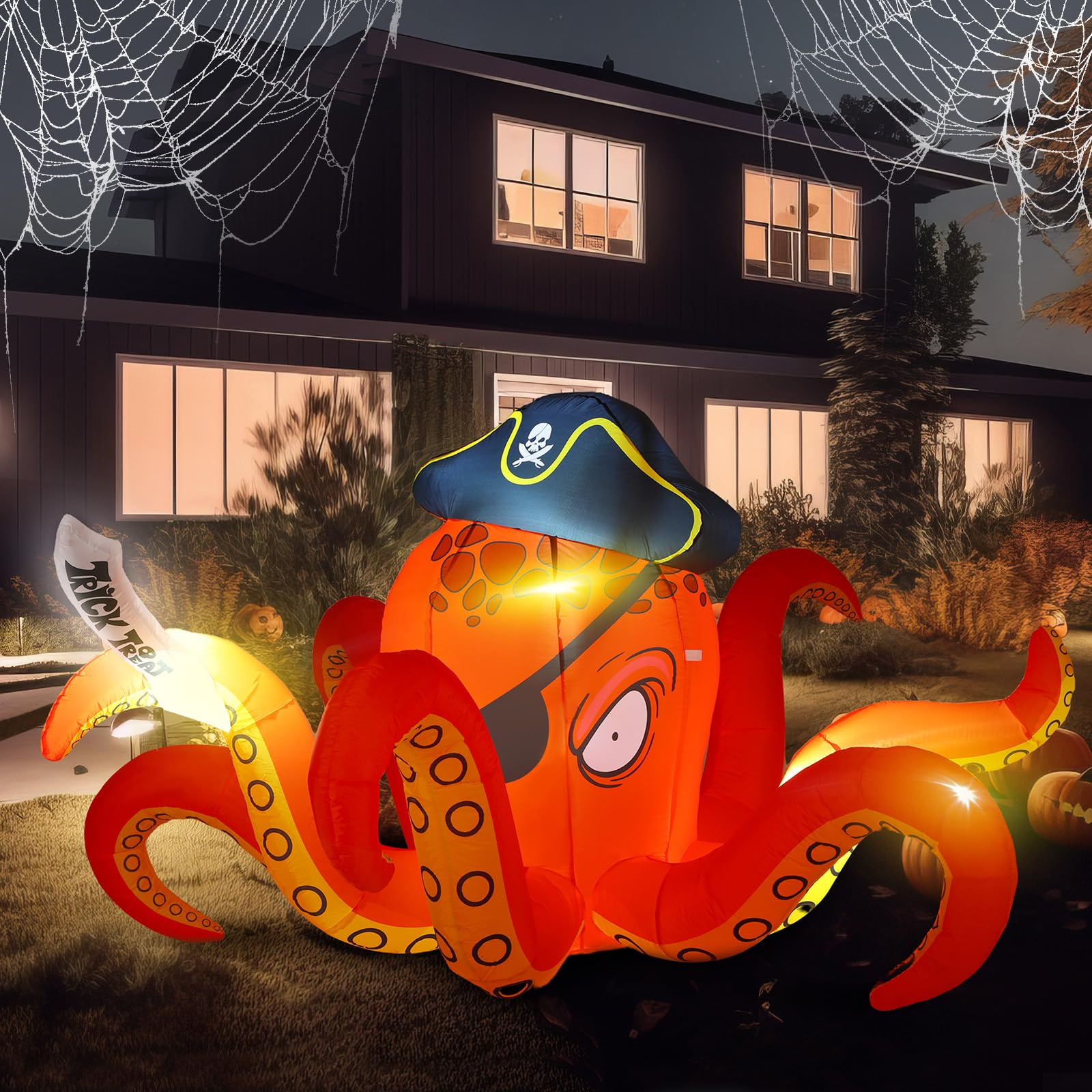 Photo 1 of Hiboom Inflatables Giant Octopus Orange Pirate Octopus 7.2 FT Halloween Outdoor Decorations LED Light Blow up Halloween Decor for Indoor Outdoor Party Garden Lawn Decoration
