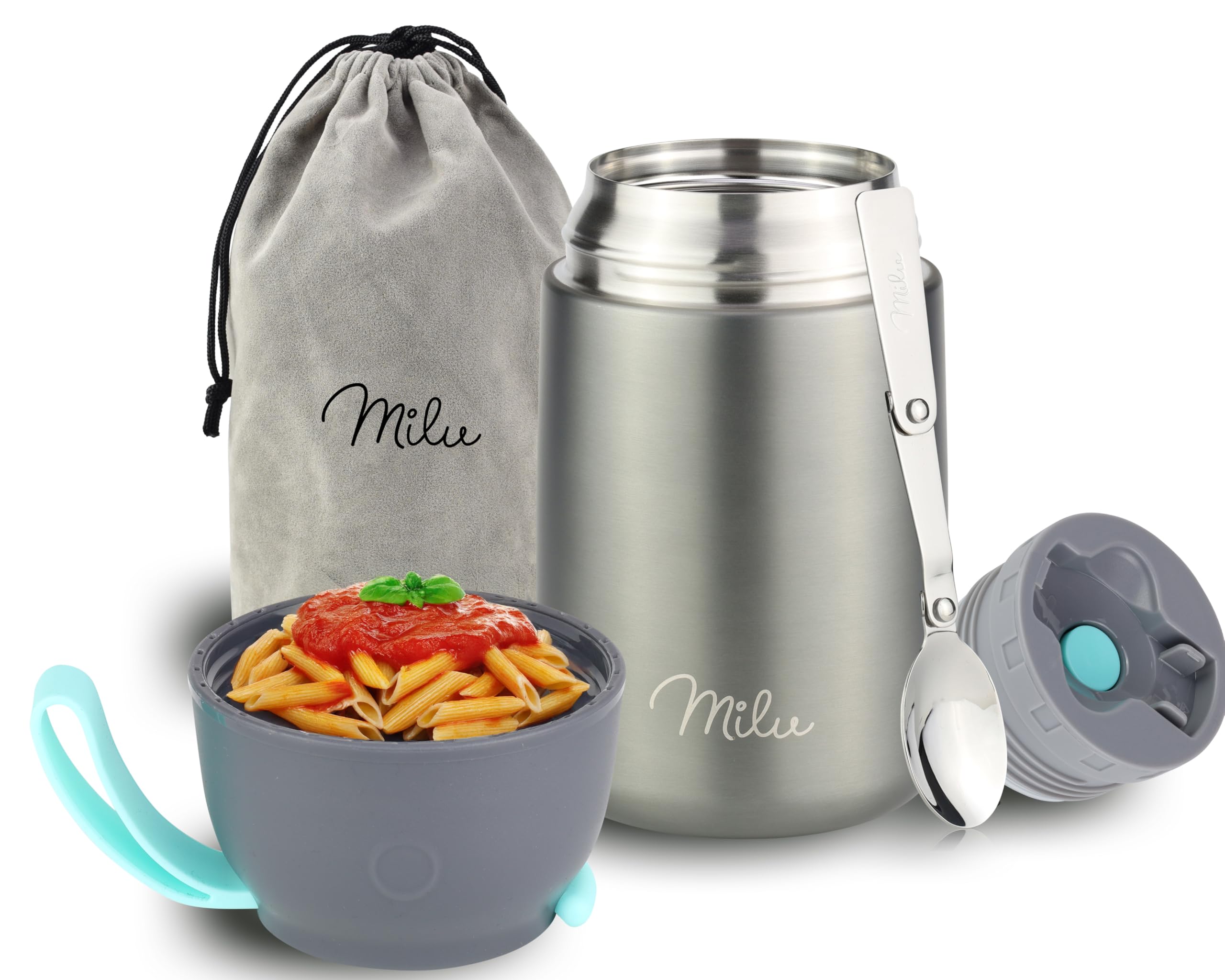 Milu Food Flask for Hot Food - 650ml Leakproof Insulated Stainless Steel Thermal Lunch Box, Soup Container with Spoon, BPA-Free, to go Meal Prep, Porridge (Grey, 650ml)