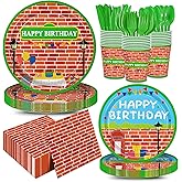 168pcs Red Brick Wall Street Plates Napkins Birthday Party Decorations Paper Cups Disposable Tableware Set Modern Cartoon Street Party Supplies for Kids Boys Birthday Decor Serves 24