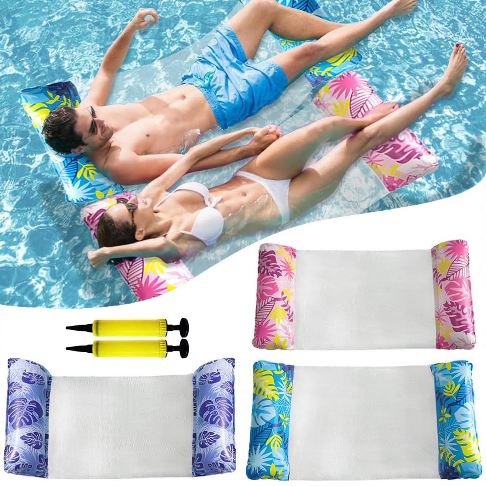 Swimming pool inflatable hammock, 5-piece set, including 3 water hammocks and 2 randomly colored air pumps, foldable leisure with mesh float