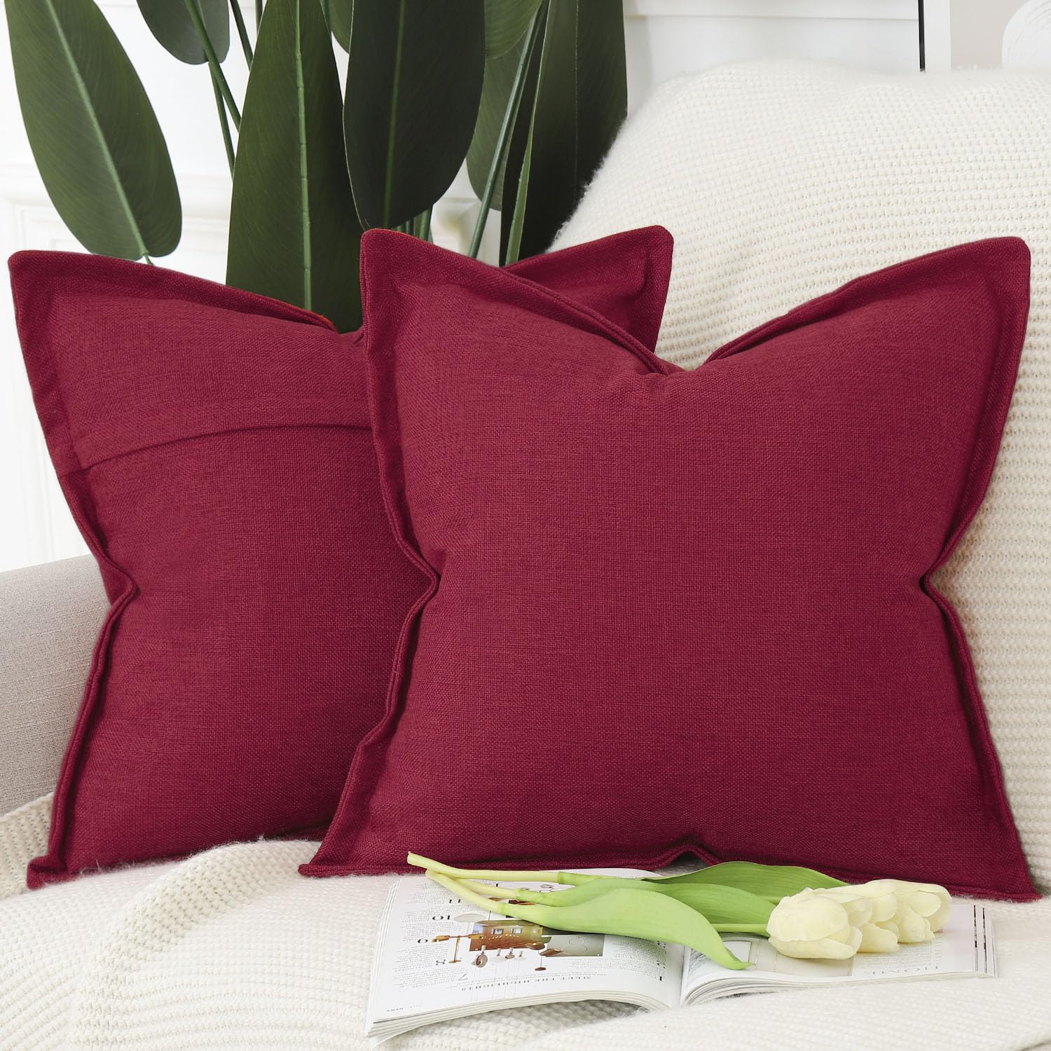 Madizz Set of 2 Faux Linen Cushion Covers with Broad Edge Soft Boho Decorative Pillow Cases for Sofa Bedroom Modern Pillow Shell 18x18 inch, 45x45 cm Red