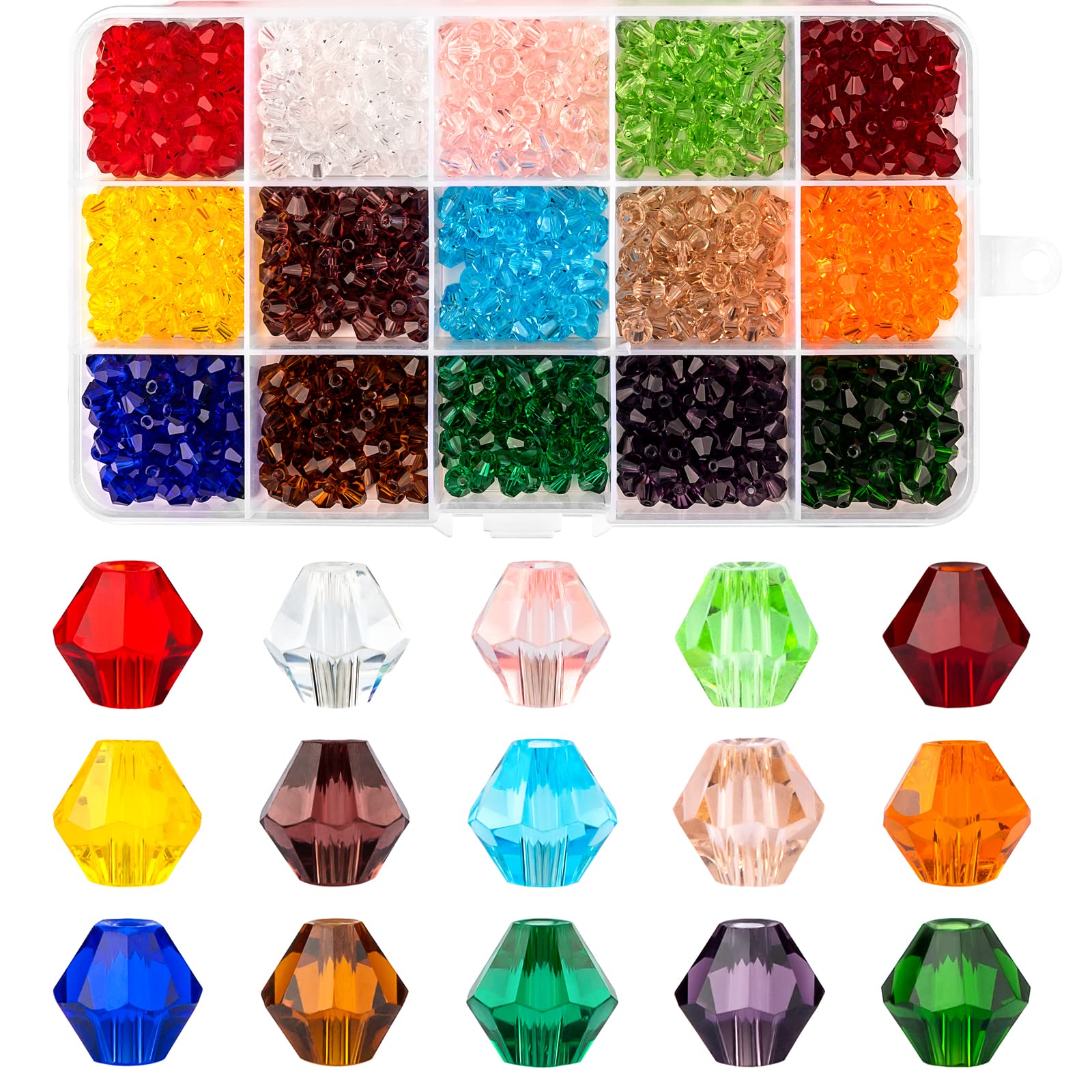 MissAudrey 900pcs 6mm Faceted Crystal Bicone Glass Beads for Jewelry Making 15 Color Bicone Shaped Crystal Beads for DIY Craft Bracelets Necklaces Earrings Jewellery Making with Container Box