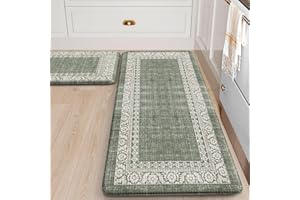 LEEVAN Kitchen Rugs Non Slip, Cushioned Kitchen Floor Mats Set of 2, Green Anti-Fatigue Kitchen Mat Waterproof, Ergonomic Memory Foam Standing Mat for Bar,Office,Desk,Laundry