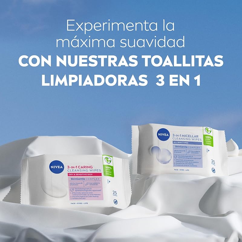 Toallitas Desmaquilladoras 3-en-1 Suaves - Toallitas Húmedas - Limpia Suave y Eficazmente - Elimina Maquillaje Waterproof - Para Rostro, Ojos y Labios - Piel Seca y Sensible - 25 unidades