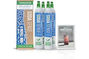 Soda Sense 4pk Threaded Connector 60L CO2 Carbonator Cylinder Recipe Book Bundle + $15 Off 1st Refill, Compatible w/Sodastream [Threaded Machines Only] Eco-Friendly CO2 Gas Refill