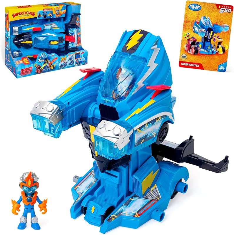 SUPERTHINGS–Robot Fighter.Vehículo Transformable en Robot de Héroes de la Película.Contiene Playset,Figura de Acción de Kid Kazoom,Carta Exclusiva y 3 Proyectiles.con Funciones y Ataques Especiales
