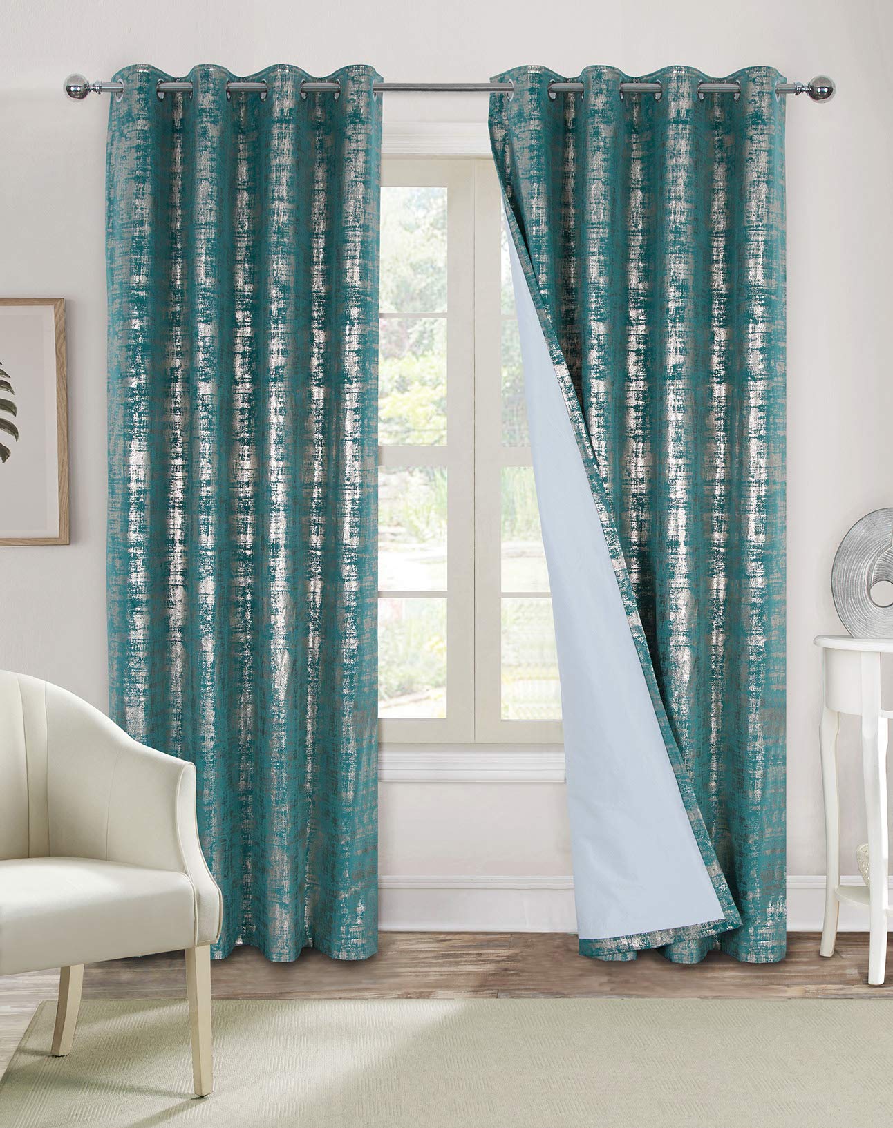 always4u Soft Velvet Curtains 100% Blackout for Window for Bedroom Thermal Gold Foil Printed Shining Luxury Window Treatment Drapes for Living Room 1 Pair Teal 46 * 72