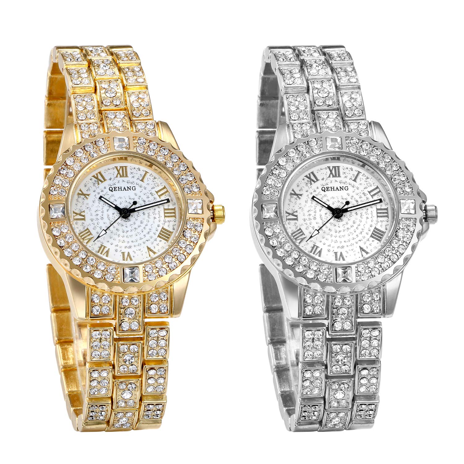 JewelryWe Women Watches Gold Tone Alloy Quartz Watch Stylish Rhinestone Bling Dress Watch Wristwatches