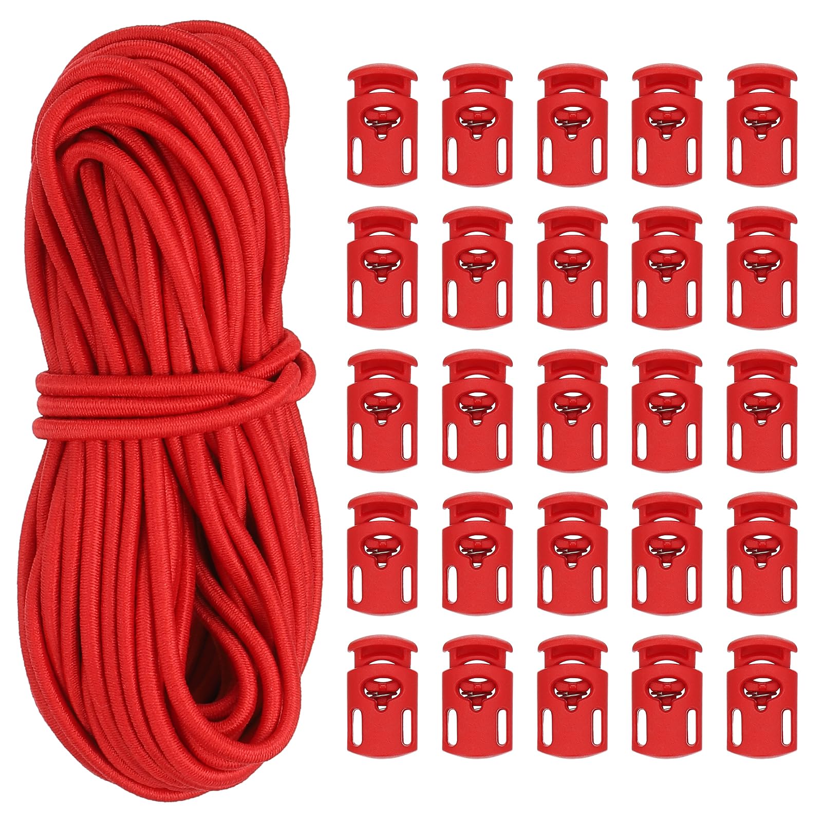 PATIKIL 10 Yard Elastic Bungee Cord & Single Hole Cord Lock, 25 Pack Plastic Oval Spring Toggle Stopper for Paracord Drawstring Shoelace Clothing Backpack Bags, Red
