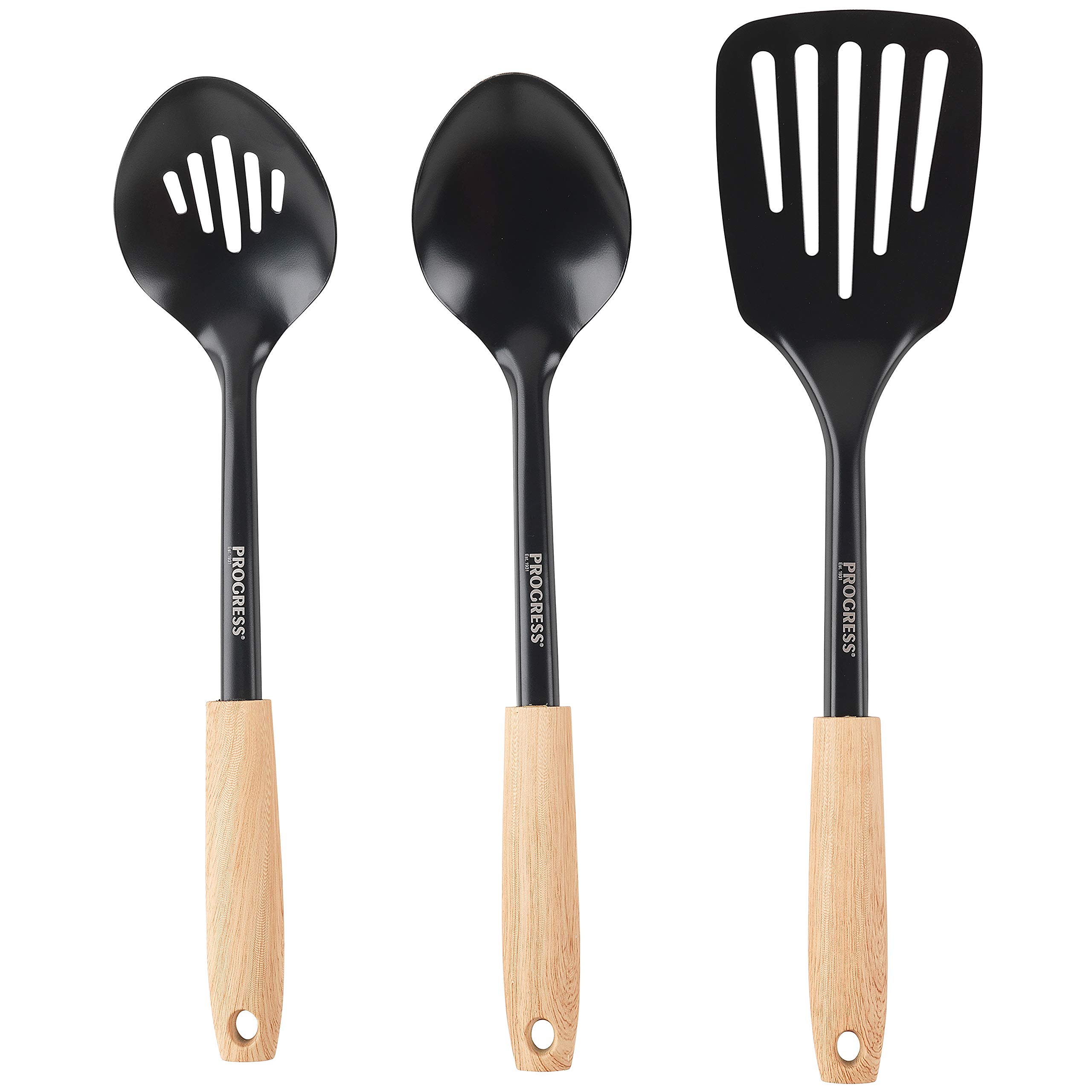 PROGRESS BW09080EU Scandi Non-Stick Coated Steel Utensil Set Including Solid Spoon, Slotted Turner | 3-Piece, Bamboo, Black