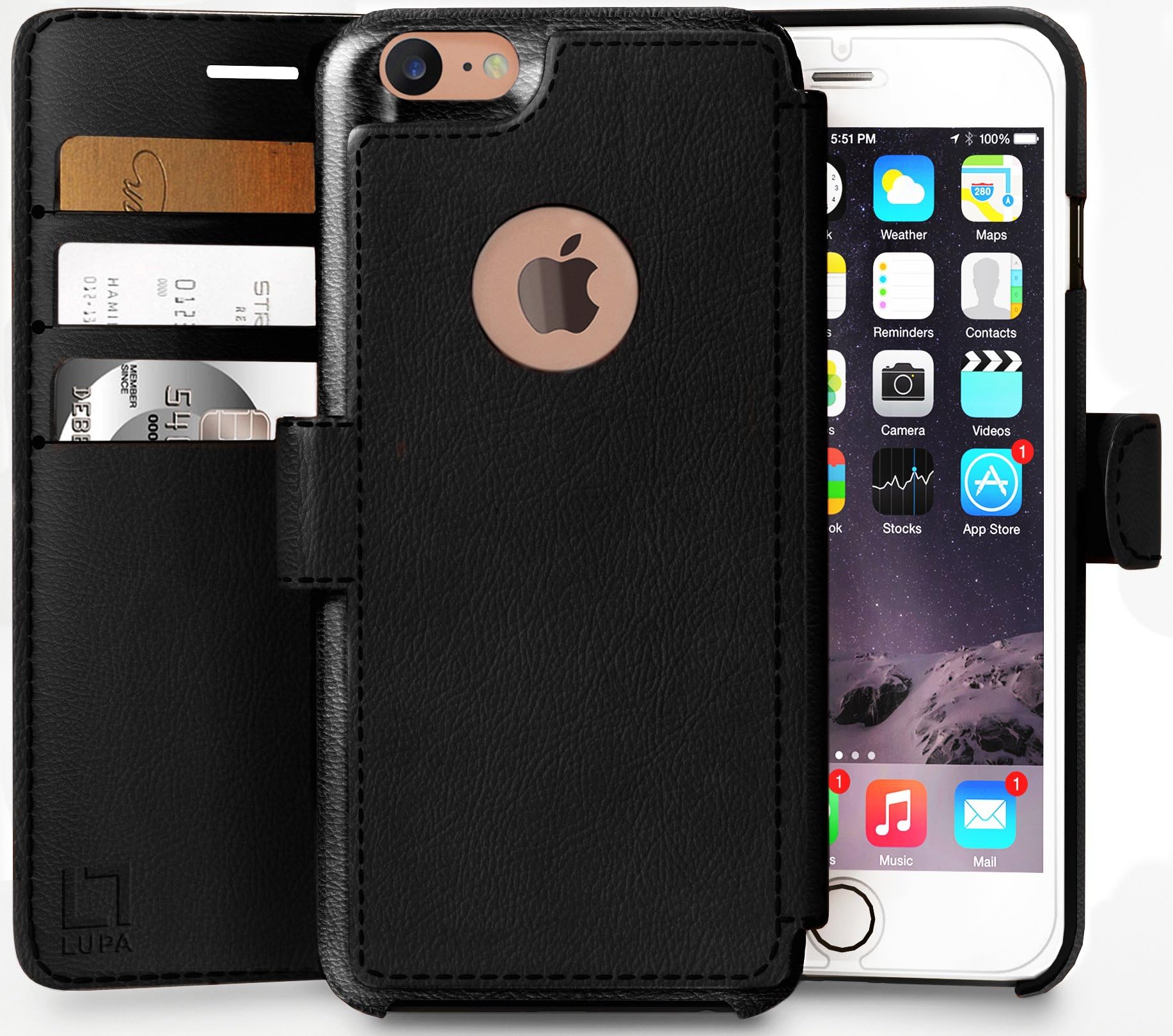 LUPA iPhone 7 Wallet Case, Durable and Slim, Lightweight with Classic Design & Ultra-Strong Magnetic Closure, Faux Leather, Black, Apple 7 (2016)