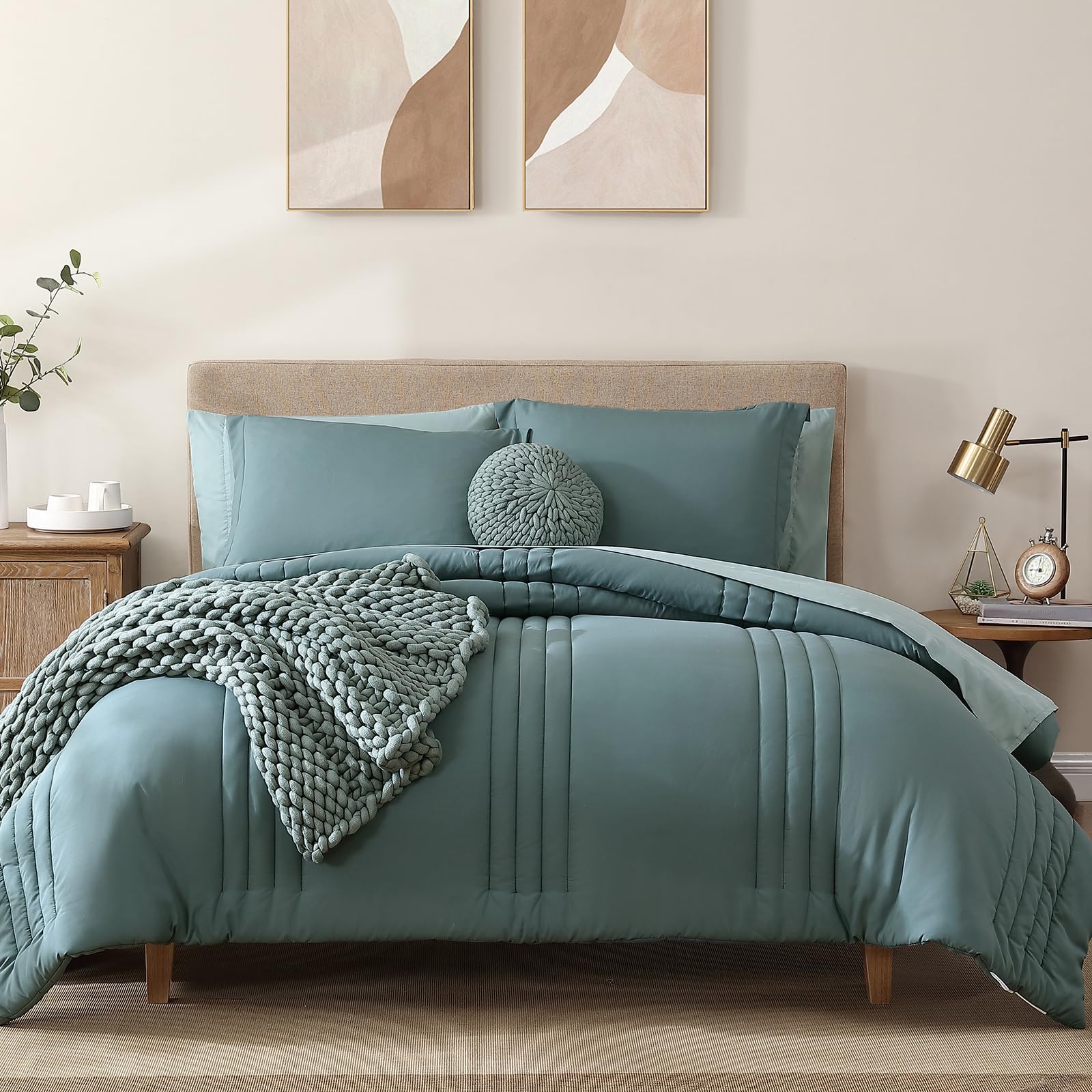 Photo 1 of Monbix Queen Comforter Set - 7 Pieces Dark Green Bed in a Bag Queen Bedding Sets with Comforters, All Seasons Comforter Bed Set with Sheets,Pillowcases & Shams