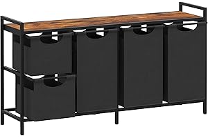 Yifeel Laundry Hamper with shelf, Laundry Basket 4 Section, Laundry room organization, Laundry Sorter with Pull-out 5 clothes bags(ALL 195.1L), Bedroom, Bathroom,Dorm, Rustic Brown and Black JLH003SR