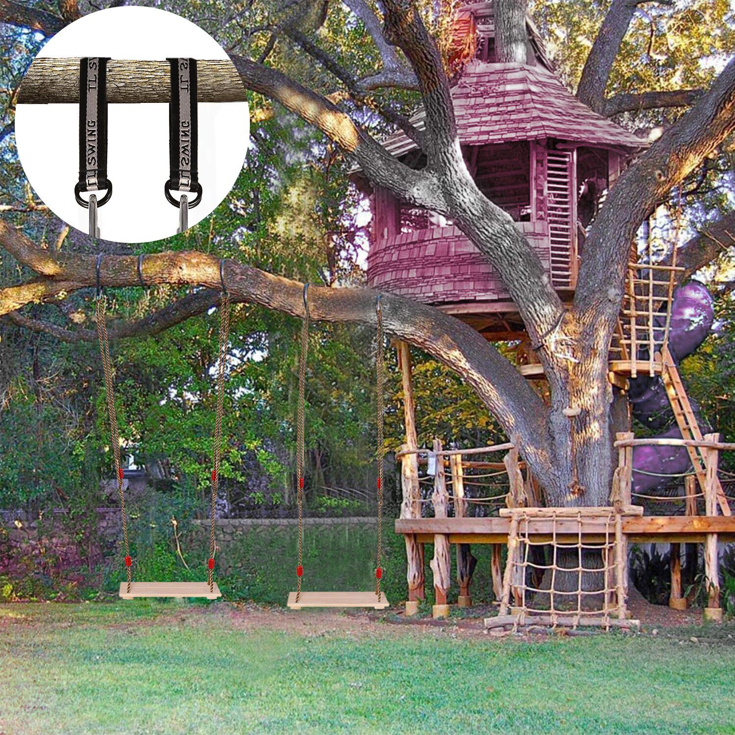 RedSwing Wooden Swing Seat, Wood Tree Swing Seat for Kids Indoor Outdoor, Backyard Swing Set Replament Hanging Swing with Adjustable Rope and Complete Accessories