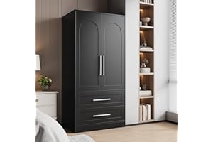 iPormis Wooden Armoire Wardrobe Closet with 2 Drawers, Clothing Storage Cabinet with Shelves Aluminum Hanging Rod, Wardrobe Storage with Strong Door Closure, Modern Bedroom Clothing Armoires, Black