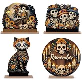 Novabright 4 Pcs Day of the Dead Table Decorations Sugar Skull Centerpiece | 7.87x7.87'', Dia De Los Muertos Figurines, Skeleton Wooden Table Decor, Calavera Flower Candle Design, Halloween Party Favors