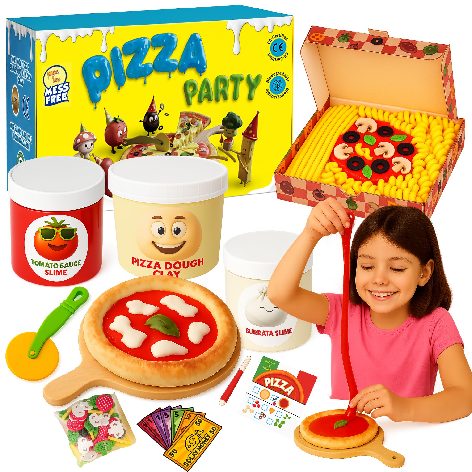Slime Making Kit Make Your Own Pizza Party, Non-Sticky Slime Kit and Air Dry Modelling Clay DIY Set for Kids, Arts and Crafts, Fun for Boys & Girls, Ages 4-8 9 10 11 12 - Meli&Melo