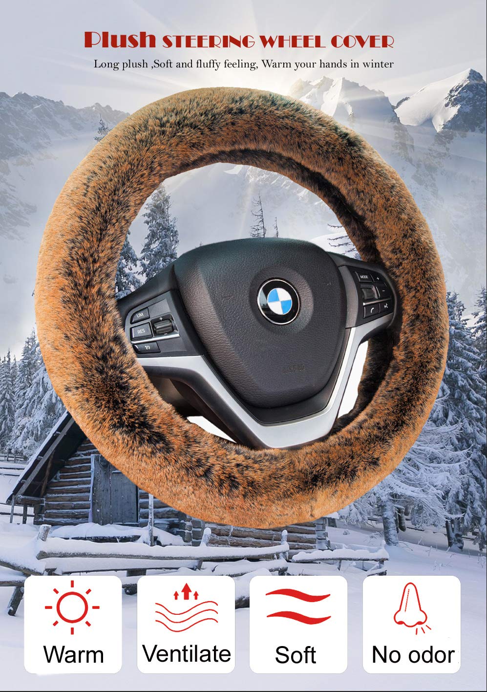 Steering Wheel Cover Winter Warm Faux Wool with Non Slip Rubber Inner Ring Universal 15 Inch for Auto Car SUV (Long Plush, Brown)